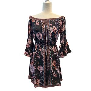 Jealous Tomato Black Floral Print Off Shoulder Bell Sleeve Dress